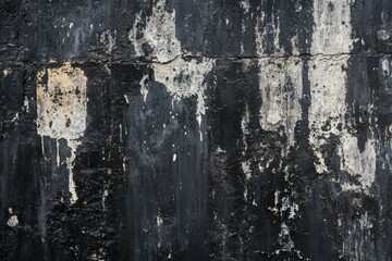 Dark gray concrete wall with patches of light discoloration and drips.  Textured surface with vertical striations and uneven application of dark paint