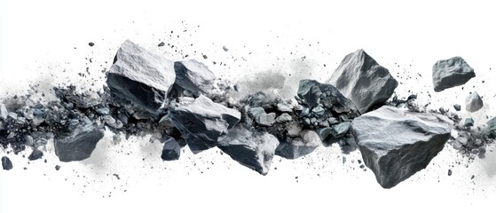 Rock Fragments Exploding in Midair on White Backdrop Studio Shot Abstract Composition