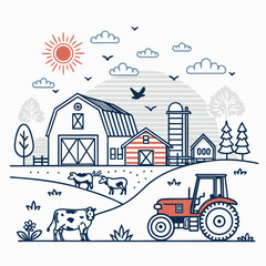 Create a bold vector illustration of a farm scene including a rustic bar, showcasing farm animals and buildings.  Use thick outlines for a striking effect. © adobe1 stock