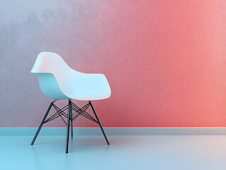A solitary white chair with black legs stands against a gradient wall, ranging from soft purple to vibrant coral. The minimalist scene is set against a light blue floor