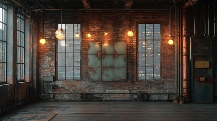Industrial loft interior with exposed brick, windows and Edison bulbs