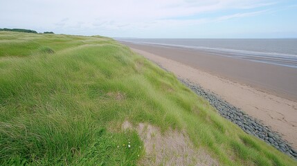 Naklejka premium Serene Coastal Landscape with Green Grass and Sandy Beach View