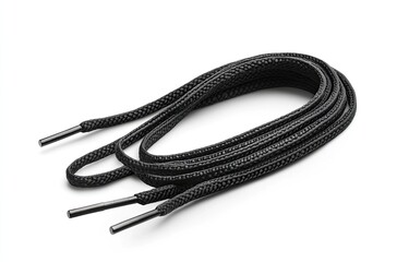 Black shoelaces, coiled on white background.  Metal aglets are visible