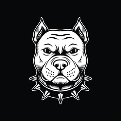 Vintage Pitbull Head with Spiked Collar, Black and White Line Art Dog Illustration
