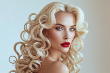Confident blonde woman in red lips and curls posing isolated on white background in glamour fashion portrait
