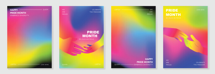Happy Pride month poster background vector set. LGBTQ community symbol with rainbow, pride flag, hand. Design for celebration, bisexual, transgender, gender equality, rights, ads.