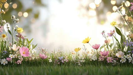 Sunny Meadow Field with Wildflowers and Green Grass, Nature Background with Bokeh Lights meadow tree