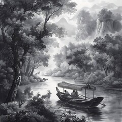 A serene river winds through a lush forest, carrying a traditional Chinese boat with two figures, surrounded by majestic mountains and peaceful deer, rendered in black ink with subtle shades of gray.