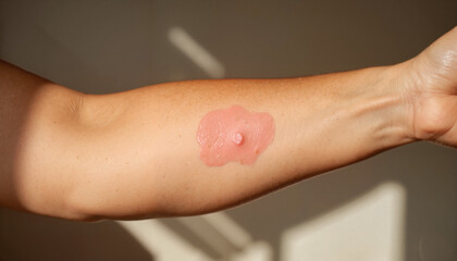 Fototapeta premium Itchy rash on forearm with redness on skin against a neutral background 