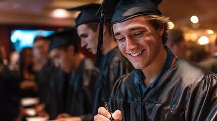 Fototapeta premium Graduate smiling and signing yearbook with pen during celebration event