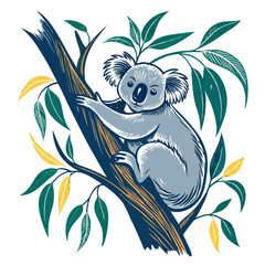 Create a bold, vector illustration of a koala clinging to a eucalyptus tree.  Focus on strong outlines and a minimalist style.