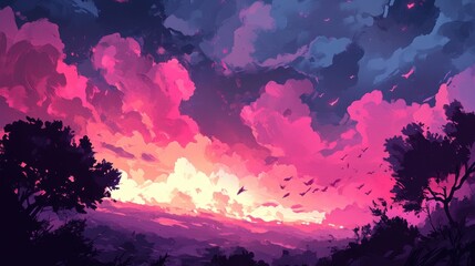 Dramatic Pink Sunset Over Forest Illustration; Low Angle View of Birds Flying in Colorful Sky at Dusk