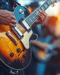 Naklejka premium Close-up of guitarist playing electric guitar at outdoor concert; musical performance, vibrant colors, warm lighting, stage view
