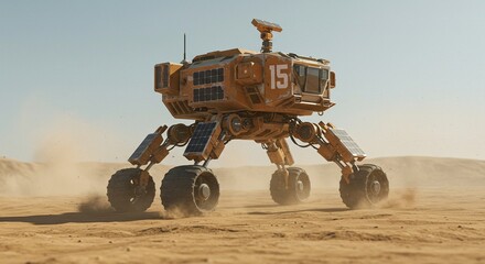 Futuristic Mars Rover Exploring Dusty Red Planet Landscape with Solar Panels
