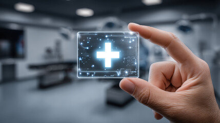 Health insurance ID glowing in hand within advanced medical environment