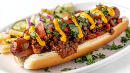 A hot dog topped with chili, mustard, onions, and parsley on a white plate.