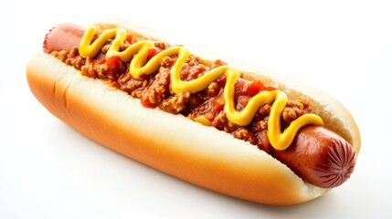 A hot dog topped with chili, mustard, onions, and parsley on a white plate.