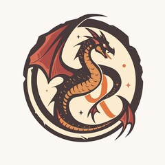 A stylized dragon logo with orange and black scales, spread wings, and red eyes, centered around the letter "q" in a white circle with star-like shapes.