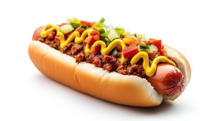 A hot dog topped with chili, mustard, onions, and parsley on a white plate.