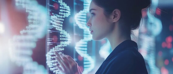 Young Scientist Analyzing DNA Structure on Screen in Laboratory Setting; Futuristic Technology; Side View; Scientific Research; Genetic Engineering; Modern Medicine