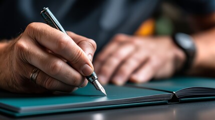 Graduate signs official alumni book during graduation ceremony at university podium