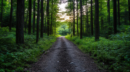 Naklejka premium Tranquil forest path surrounded by tall trees and lush greenery, illuminated by soft morning light, invites peaceful stroll through nature beauty