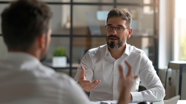 A manager giving constructive feedback to an employee during a one-on-one meeting.