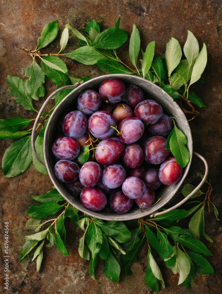 Poster Fresh Plums Gathered in a Metallic Bucket Surrounded by Green Leaves on a Rustic Table