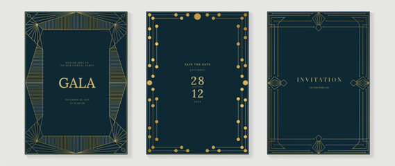 Luxury invitation card background vector. Elegant classic antique design, gold lines gradient on green background. Premium design illustration for gala card, grand opening, art deco.