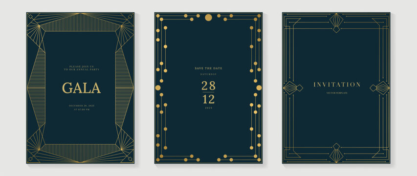 Luxury invitation card background vector. Elegant classic antique design, gold lines gradient on green background. Premium design illustration for gala card, grand opening, art deco.