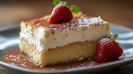 Creamy dessert cake slice topped with fresh berries.