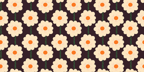 Flower Seamless Pattern with Cute Nature Wild Field Florals Isolated on Black Background. Doodle quirky summer and spring plants. Feminine repeatable backdrop perfect for fashion, clothing, cards