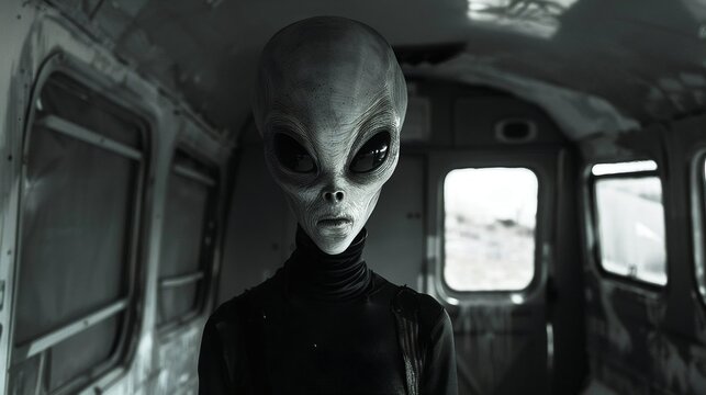 A solitary figure stands in a dimly lit train car, their face obscured by a black turtleneck, eyes gleaming with otherworldly intensity.