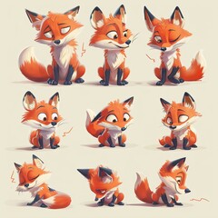 A charming fox character is showcased in nine illustrations, featuring various poses and expressions, with its vibrant orange fur and striking eyes telling a story of its own.