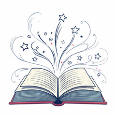 Create a vector illustration of an open book with a bold, thick stroke, featuring a magnifying glass resting on its pages.  The style should be clean and modern.