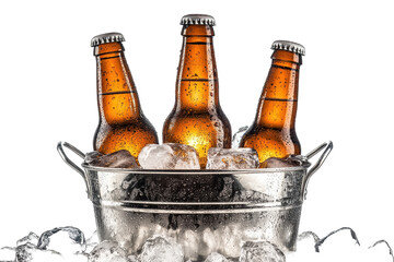 Refreshing cold beer bottles nestled in frosty ice ideal for bar menus and festive promotions