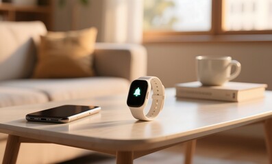 Modern Fitness Tracker and Smartphone on Wooden Table in Cozy Living Room with Natural Light