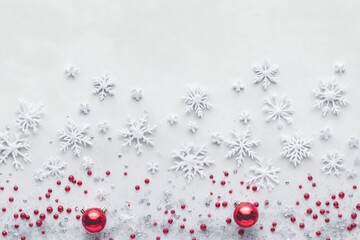 White background with a festive border of snowflakes, red ornaments, and sprinkles