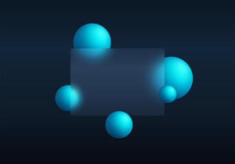 Transparent material partition with glowing floating spheres on dark background. Landing page of the site in the style of glass morphism.