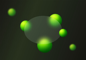 Transparent material partition with glowing floating spheres on dark background. Landing page of the site in the style of glass morphism.