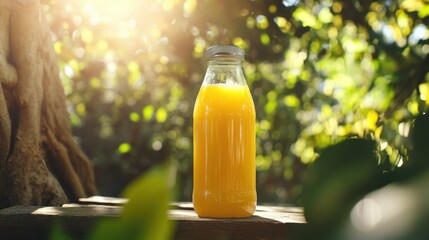 A bottle of orange juice with oranges on a table, with a plant and window in the background.