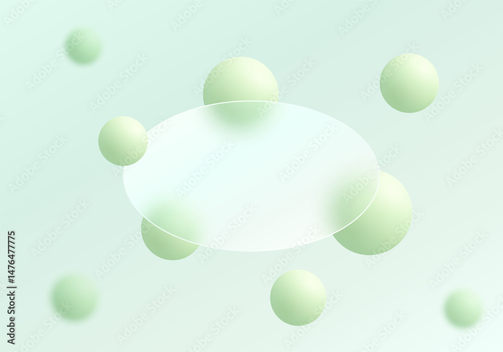 Aufkleber background with transparent oval partition and floating spheres in glass morphism style. website lan