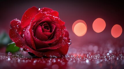 Close-up of a vibrant crimson rose with water droplets.