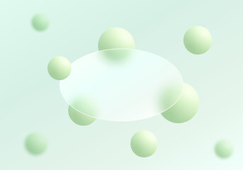 Background with transparent oval partition and floating spheres in glass morphism style. Website landing page template.