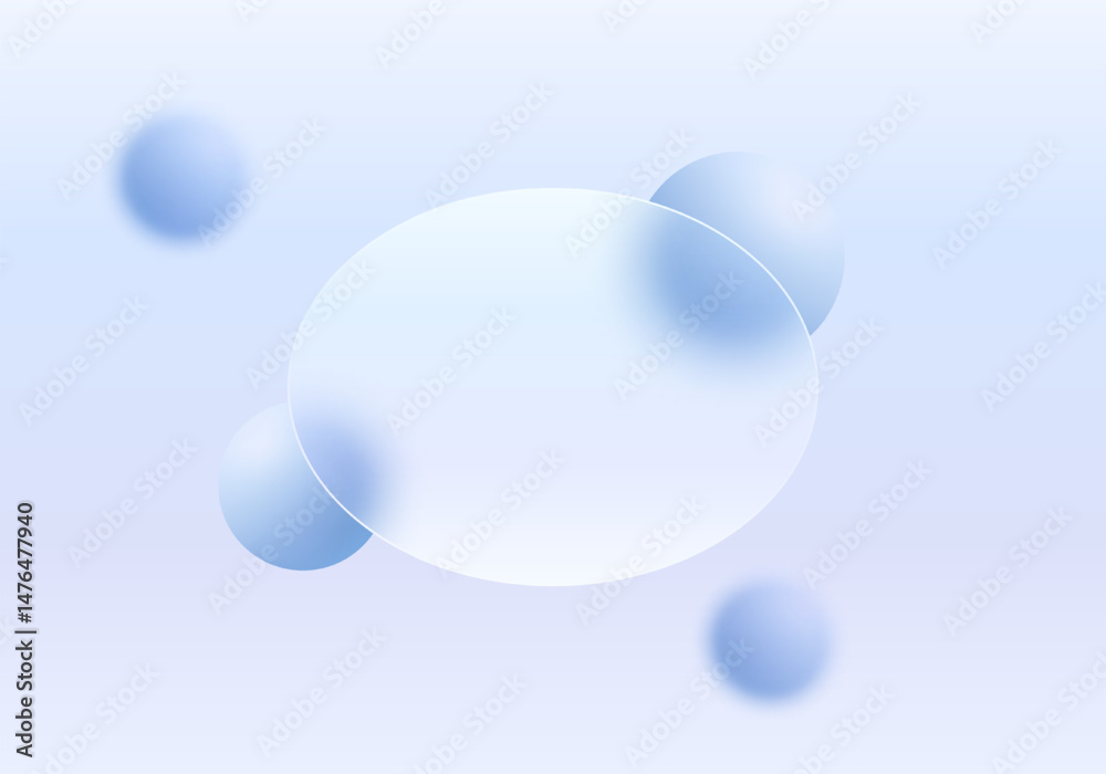 Poster background with transparent oval partition and floating spheres in glass morphism style. website lan