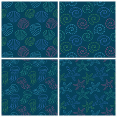 Collection of vector seamless patterns of shells, starfish and jellyfish