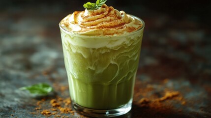 Refreshing green smoothie topped with whipped cream and spices.