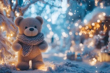 Adorable teddy bear wearing a cozy scarf stands in a beautiful winter wonderland scene during christmas.