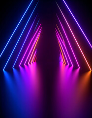 Vibrant neon lights create an abstract tunnel effect, blending shades of blue, pink, and orange against a dark background, evoking a futuristic atmosphere