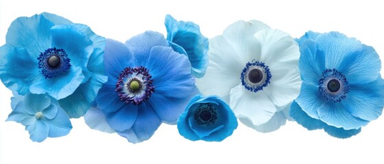 Blue and White Anemone Flowers in a Row on White Background Close Up Studio Shot Botanical Floral Arrangement